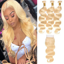 Load image into Gallery viewer, #613 Blonde Body Wave Brazilian Virgin Human Hair 3 Bundles With Free Part 4x4 Lace Closure - Jilly Hair