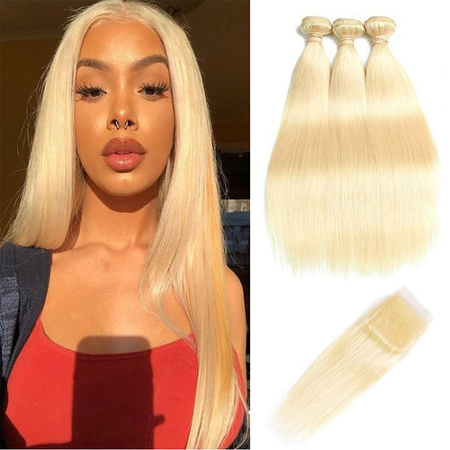 #613 Blonde Hair 4×4 Lace Closure with 3 Bundles 100% Brazilian Remy Human Hair Weave - Jilly Hair