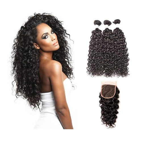 Water Wave Brazilian Virgin Hair Bundles with Closure Unprocessed Remy Weave Human Hair Bundles with Free Part Lace Closure - Jilly Hair